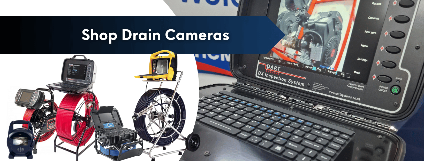 large featured image of multiple drain cameras for cctv surveys patch lining and inspection use, small compact cameras to larger models with sonde available to purchase in store and online at HCM Jetters